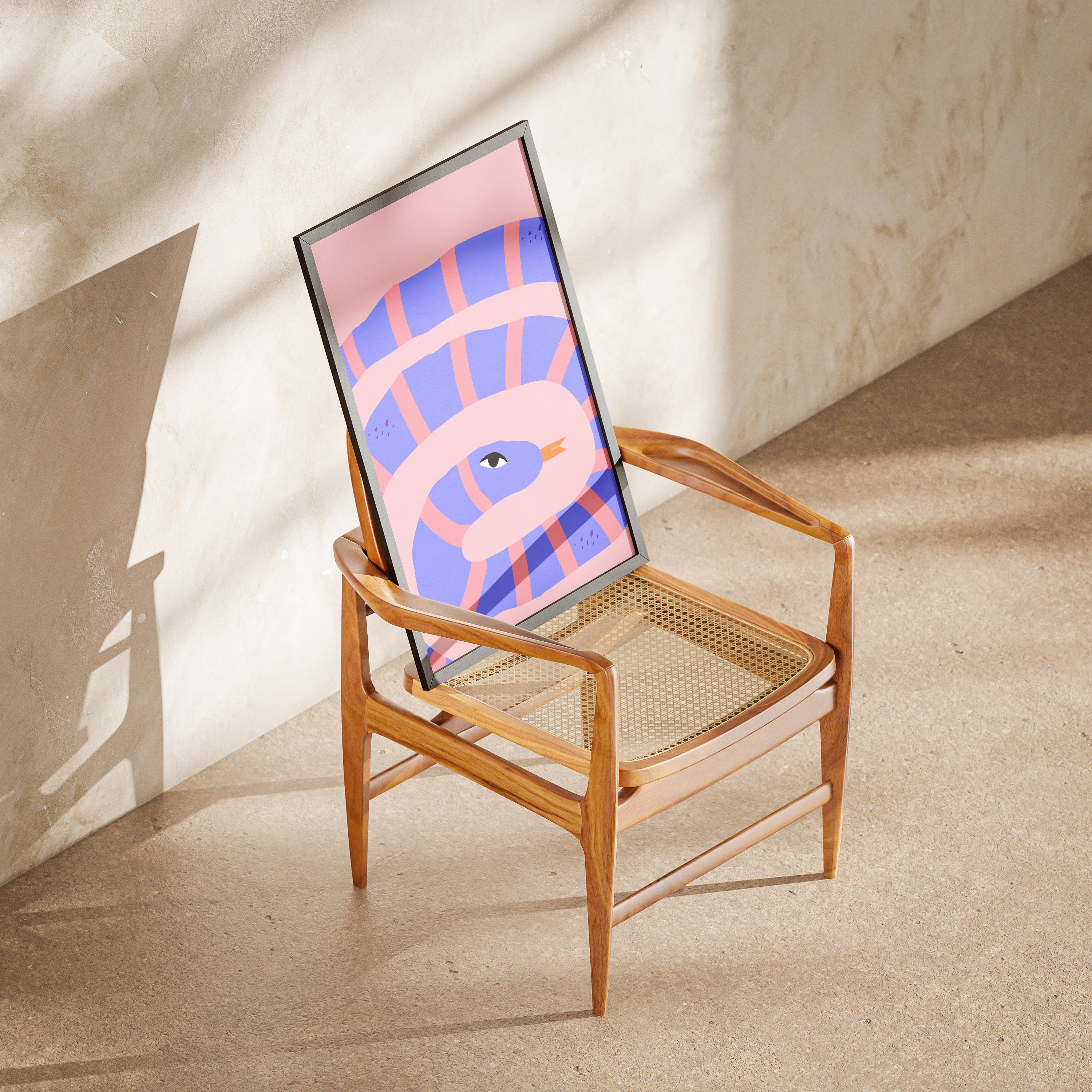 Wooden chair with a colorful abstract painting on a beige floor and wall.