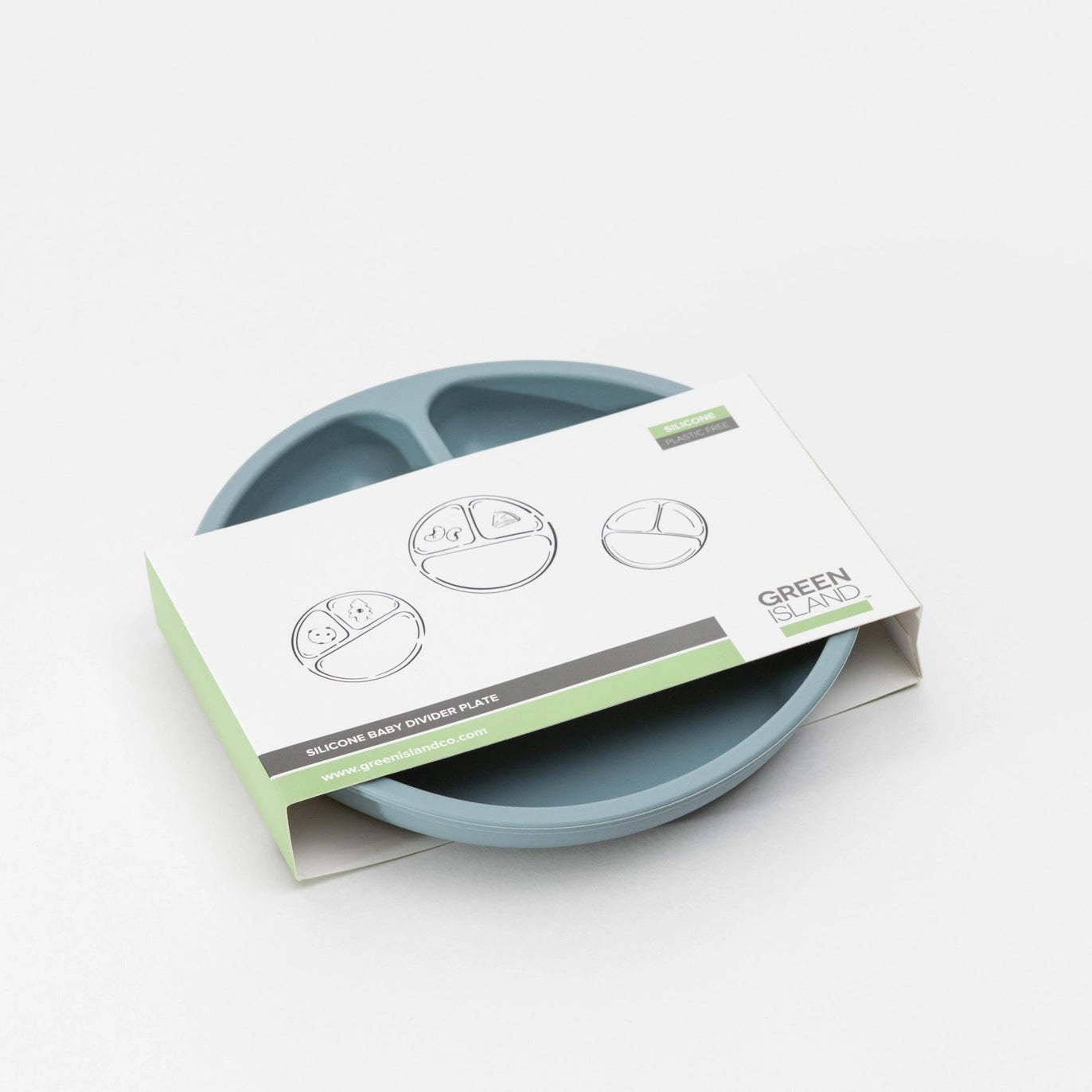 Blue children's plate with packaging on a white background