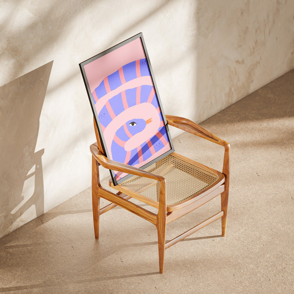 Wooden chair with a colorful abstract painting on a beige floor and wall.